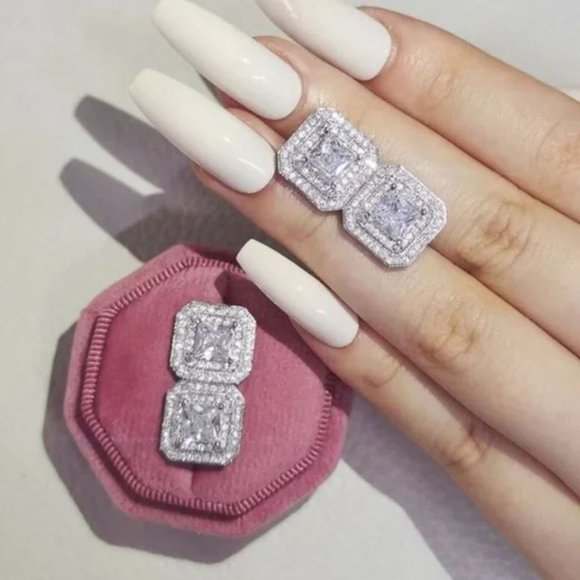 925 Sterling Silver Princess Cut Diamond Earring & Ring Jewelry Set - Picture 3 of 4